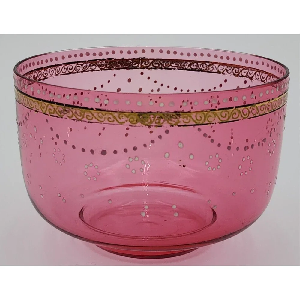 Vintage Cranberry & Gold Art Glass Bowl with Raised Enamel Floral Decorations